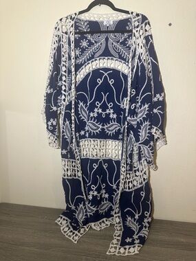 C.C Navy and White Embroidered Kimono-Style Cover